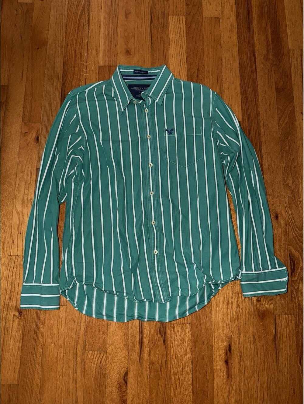 American Eagle Vintage Fit Shirt Men’s L Green White Striped Long Sleeve Button